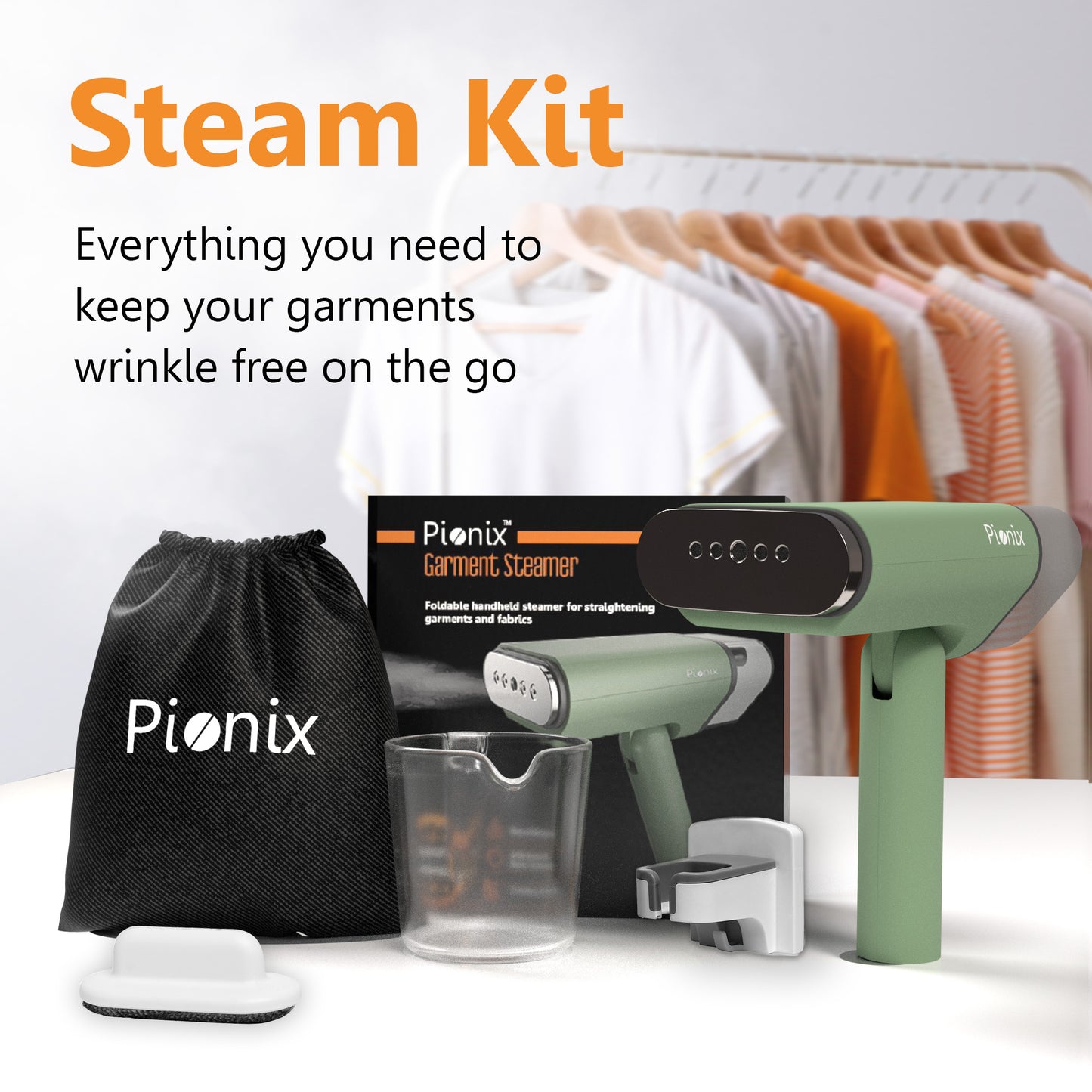 Pionix Handheld Garment Steamer - Foldable Handheld Steamer Clothes, 2-in-1 Horizontal & Vertical Fabric Steamer, Portable Hand Held Steamers for Clothes, 1000W Steam Press for Home & Travel - Green