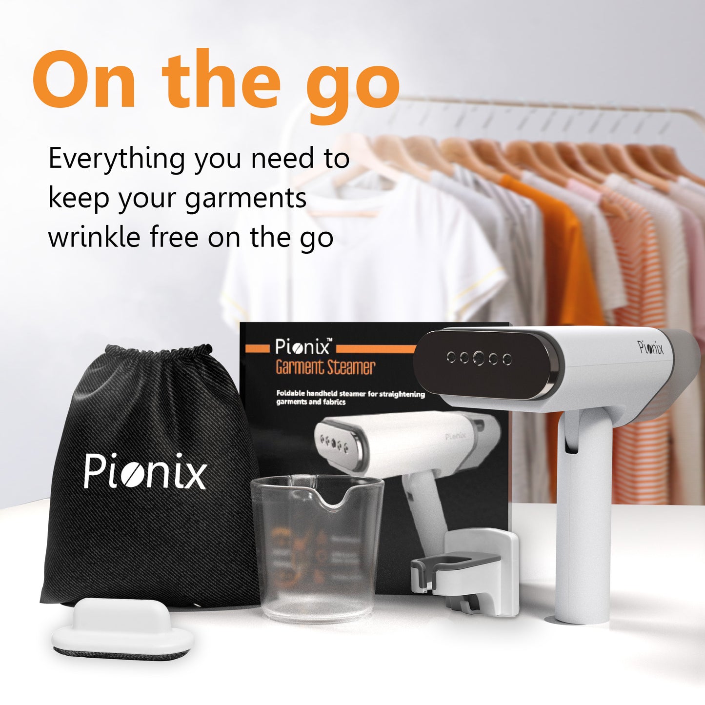 Pionix Handheld Garment Steamer - Foldable Handheld Steamer Clothes, 2-in-1 Horizontal & Vertical Fabric Steamer, Portable Hand Held Steamers for Clothes, 1000W Steam Press for Home & Travel - WHITE